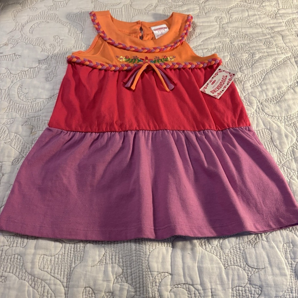 Tough skins Girls 2T Dress Hot Pink Orange Purple Embroidered Flowers On‎ Chest
